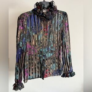 Vtg ‘The Silk Farm’ 100% Silk Ruffle Neck Sheer Metallic Floral Blouse XS S 6